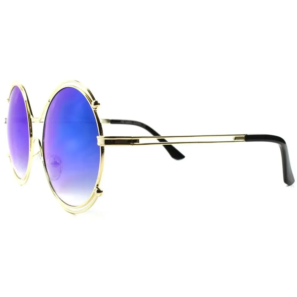 Upscale Gold Frame Blue Mirror Lens Womens Designer Oversized Round Sunglasses